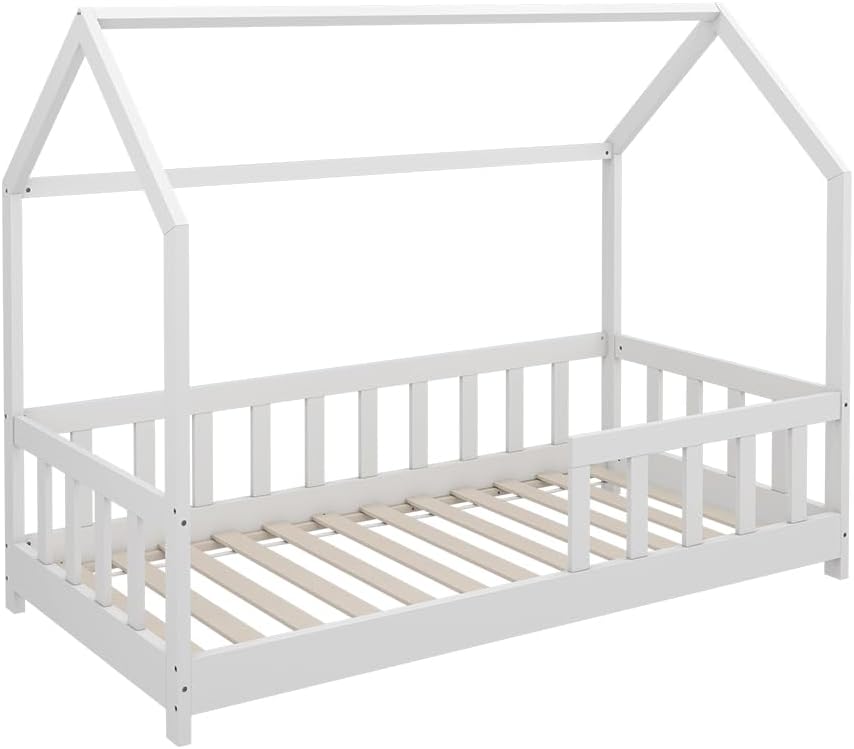 Hausbett 80x160 cm Michelle mit Rausfallschutz - Weiß 166x135x86 cm aus Bambus - Bett ideal fürs Kinderzimmer, für zuverlässigen Schlaf mit zusätzlicher Sicherheit