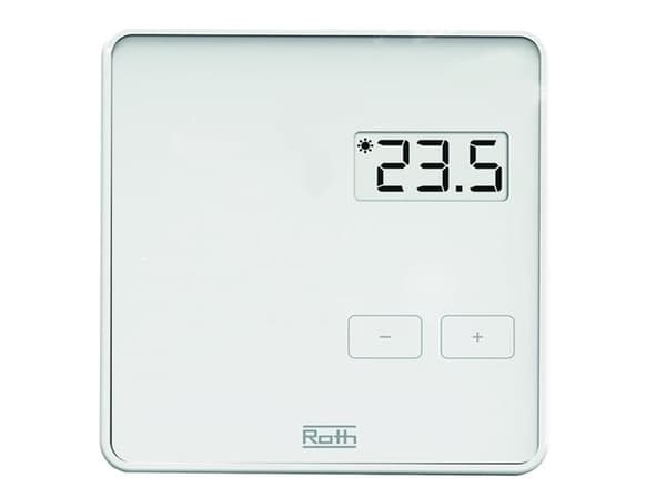 Roth Project rumtermostat med tydeligt display i hvid. Anvendes sammen med Project kontrolenhed. 80x80x22