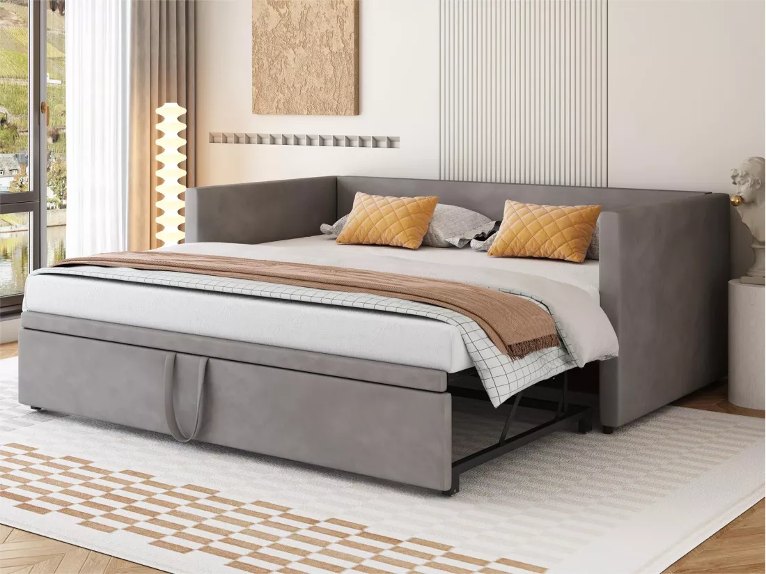 Lit gigogne 90/180 x 200 cm pour enfants - velours - style contemporain - coloris gris