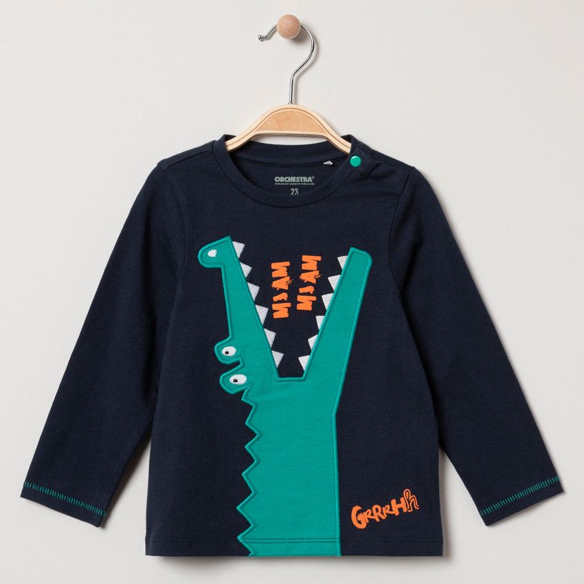T-shirt manches longues motif crocodile brodé - Bleu marine