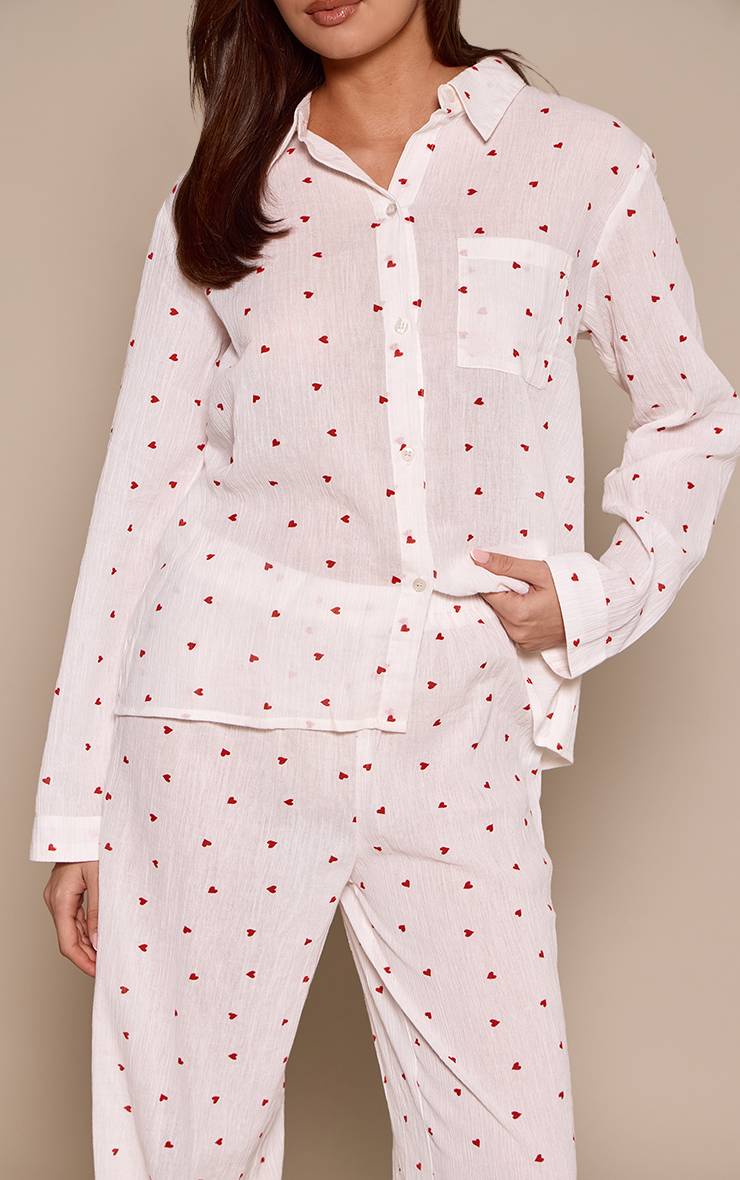 Crème Pyjama À Manches Longues Boutonné Crinkle À Cœurs
