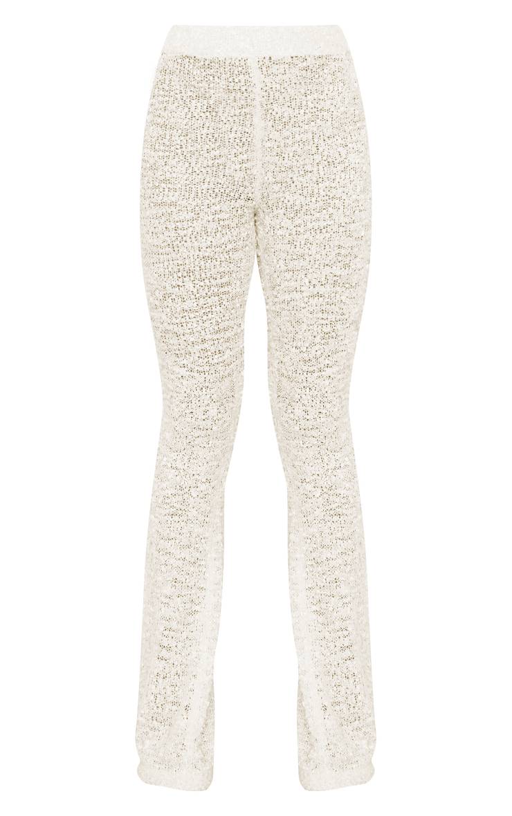 Crème Pantalon Évasé En Maille À Pompons