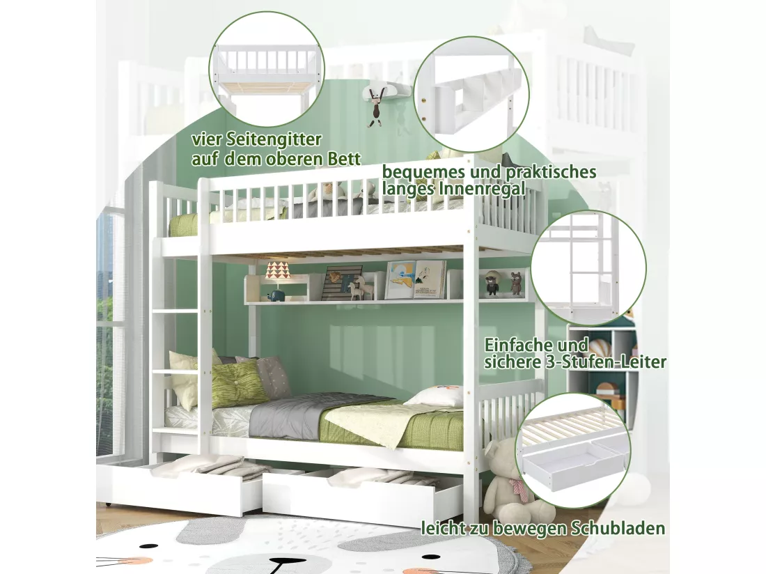 Lits superposés amovible 2 x 90 x 200 cm en bois MDF et pin - 2 tiroirs et étagère de rangement - Blanc