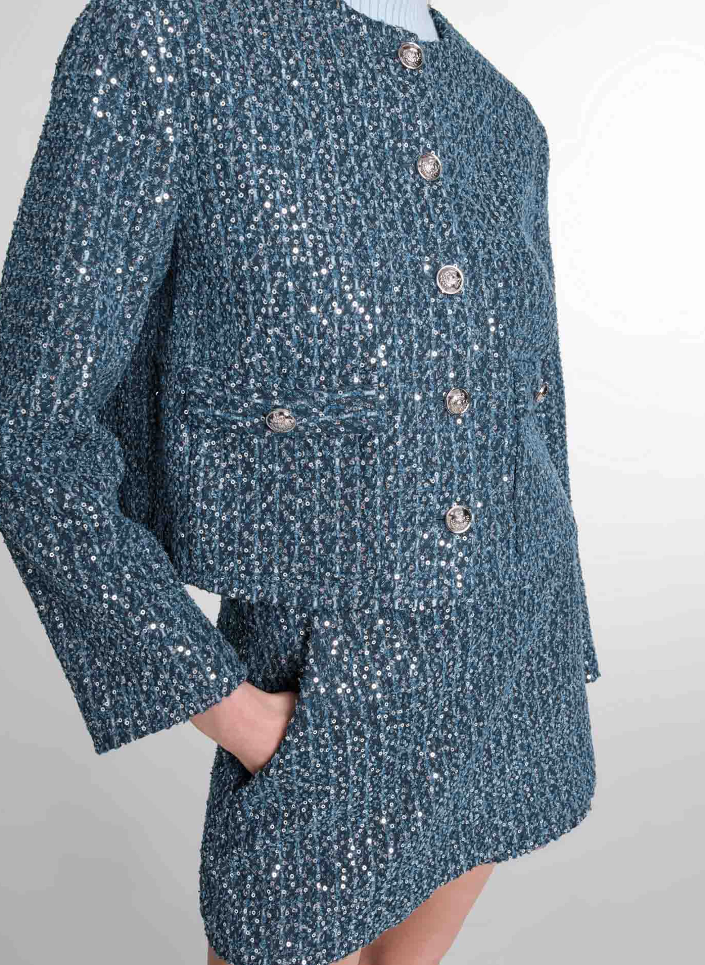 Veste courte effet tweed à sequins | Bleu