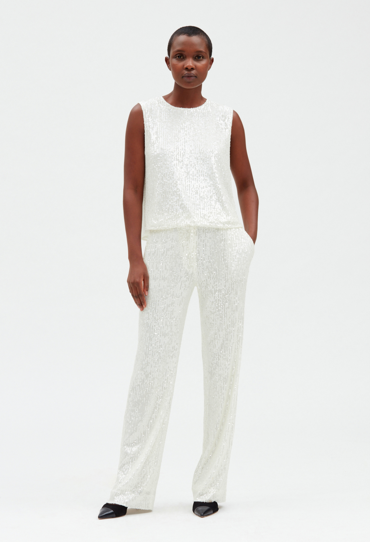 Pantalon &agrave; sequins blanc