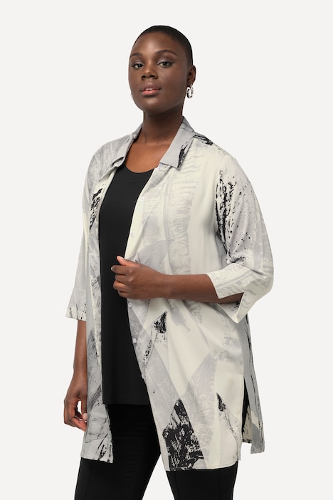 Longbluse, Federn, Hemdkragen, 3/4-Arm