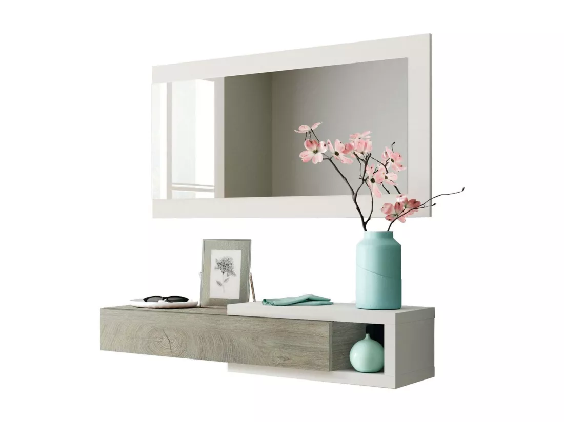 Meuble d'entrée Dhasi, Entrée réversible avec miroir, Meuble d'entrée avec tiroir, Plateau de poche pour appartements, 95x26h69 cm, Blanc et Chêne