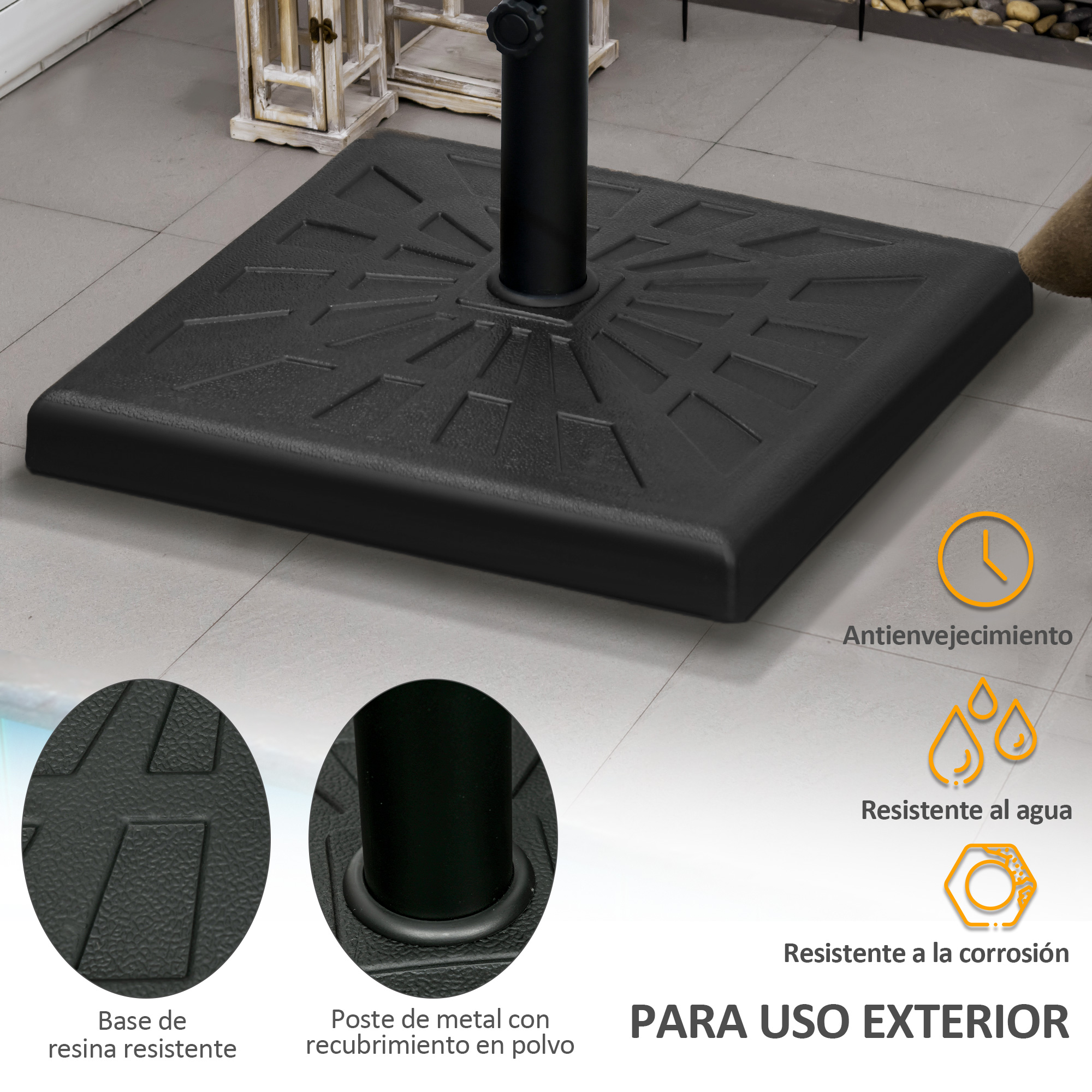 Base de resina Outsunny para guarda-sol, 19 kg, compatível com mastros de Ø32/38/48 mm, para jardim, terraço ou pátio, 51x51x32 cm, preta.