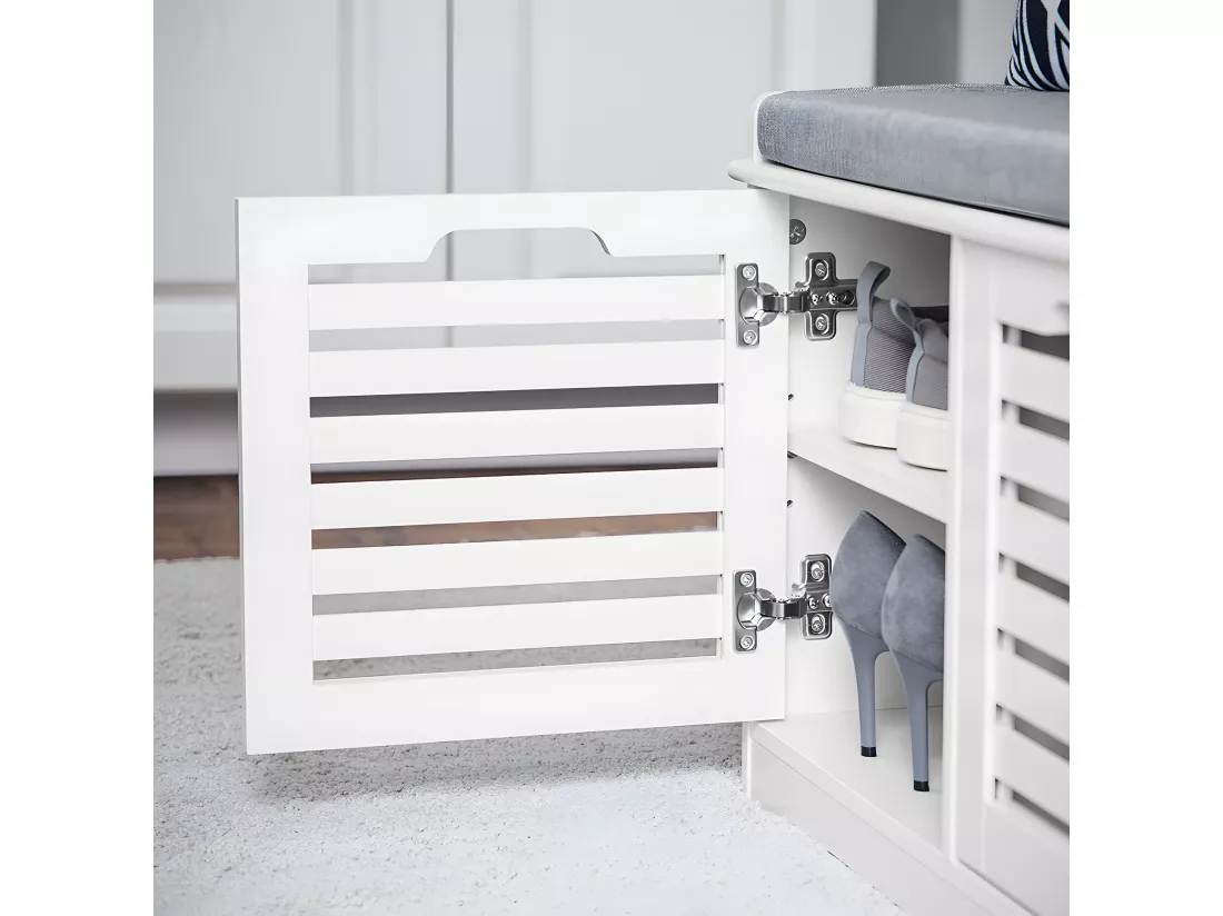 SoBuy Banc à Chaussures, Banc de Rangement à Chaussures, Meuble à Chaussures, Meuble Bas Entrée avec Coussin rembourré, 2 Portes et 4 Compartiments Ouverts, 71 x 35 x 43 cm, Blanc, FSR23-II-W