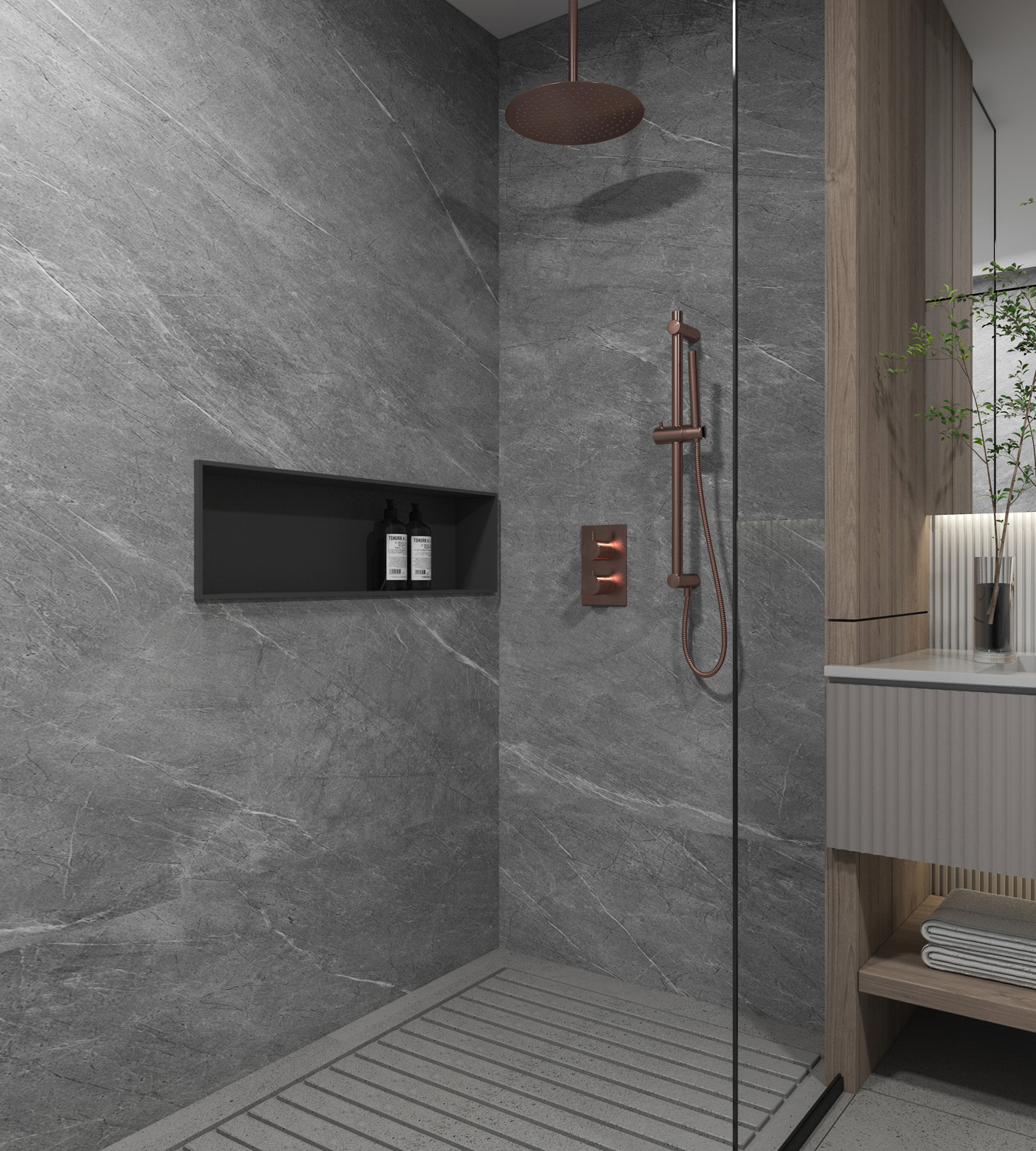 Saniclear Copper inbouw regendouche met 30cm hoofddouche, plafondarm en glijstang geborsteld koper