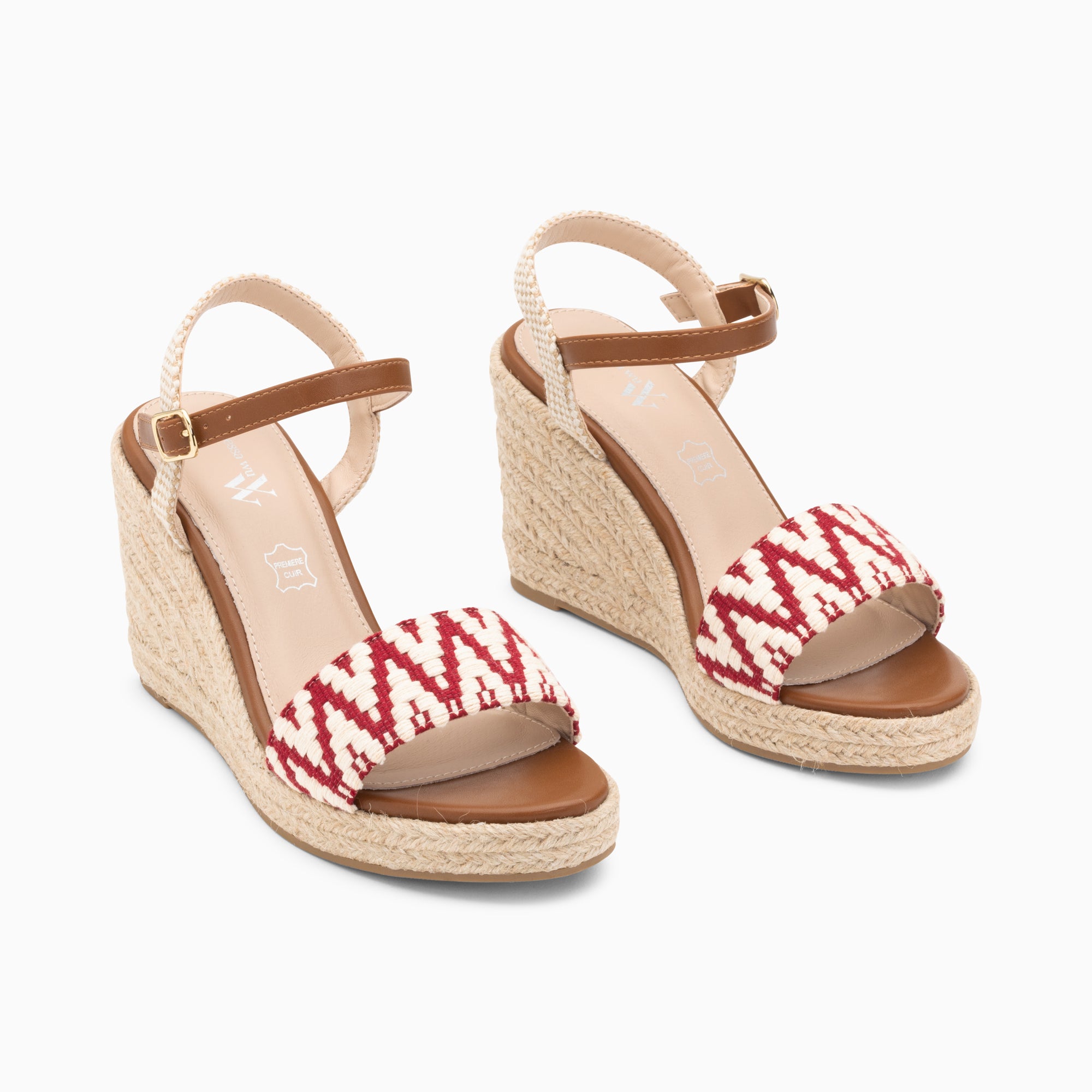 Sandales à talon, Compensées-Sandales compensées Malvina rouges en tissu jacquard