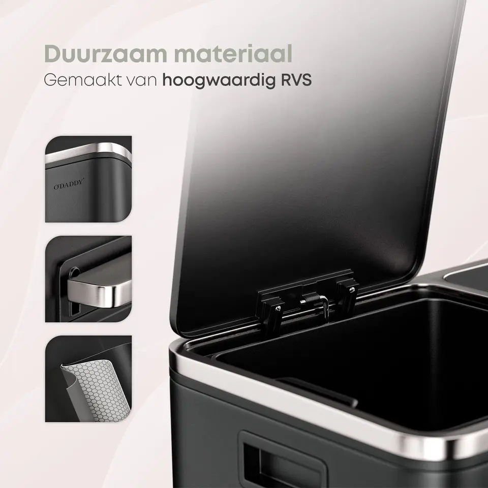 O’DADDY Prullenbak 60L - 2 Vakken - Voetbediening - Soft-Close - Zwart