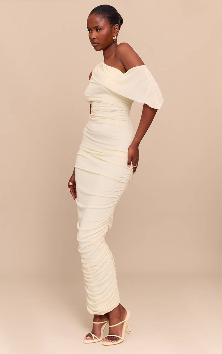 Amande Robe Longue Drapée Asymétrique À Épaule Dénudée Avec Superposition De Mesh