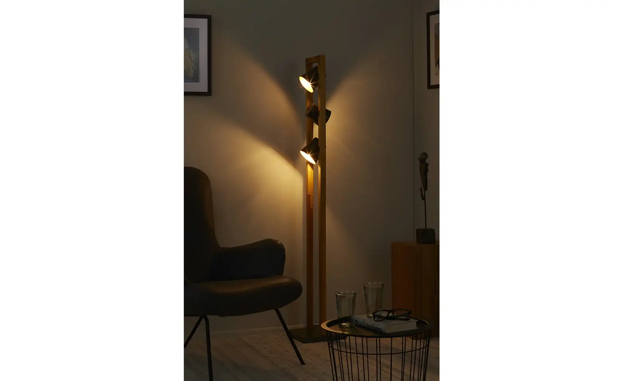 Trio Stehleuchte, 3-flammig, Nickel antik/Pinienholz