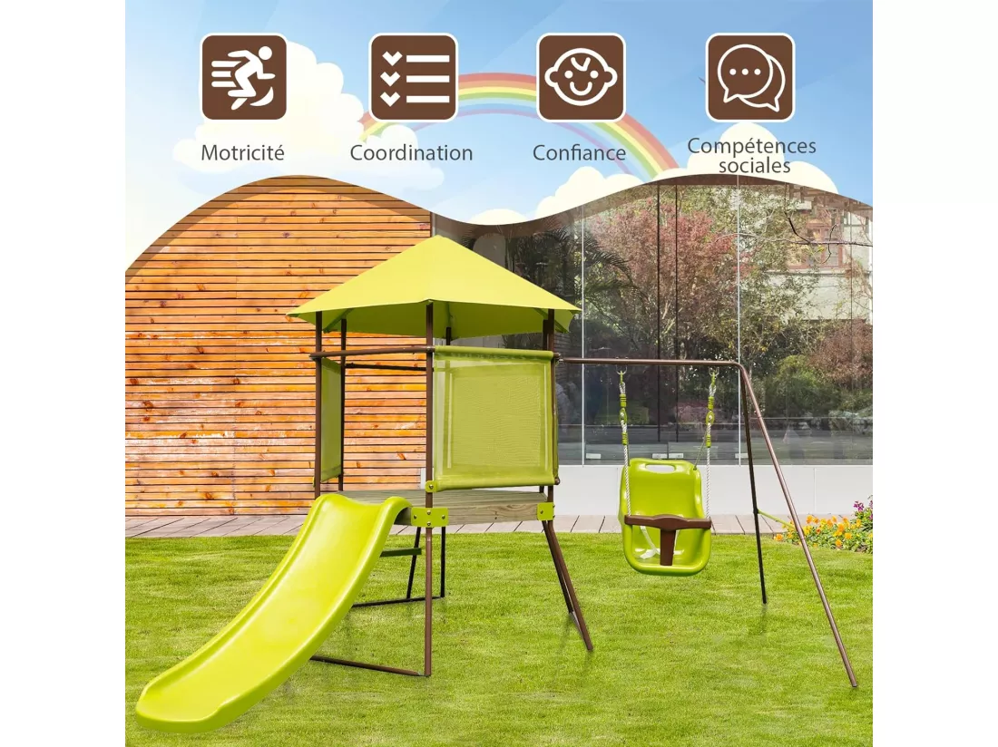 4 en 1 Aire de Jeux Portique en Bois avec Toboggan & Siège Bébé Réglable, Tour d'escalade Enfants avec Cabane Couverte & Échelle, Cadre en Métal pour Jardin pour Enfants de 3-7 Ans
