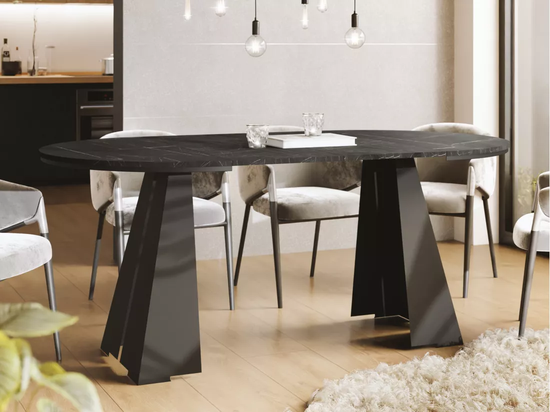 Table à Manger Ronde Extensible Avec Piètement Métallique Noir - Table Industrielle Moderne Pour Salle à Manger Ou Cuisine - 100 Cm à 180 Cm - Fabriqué En Ue - Marb