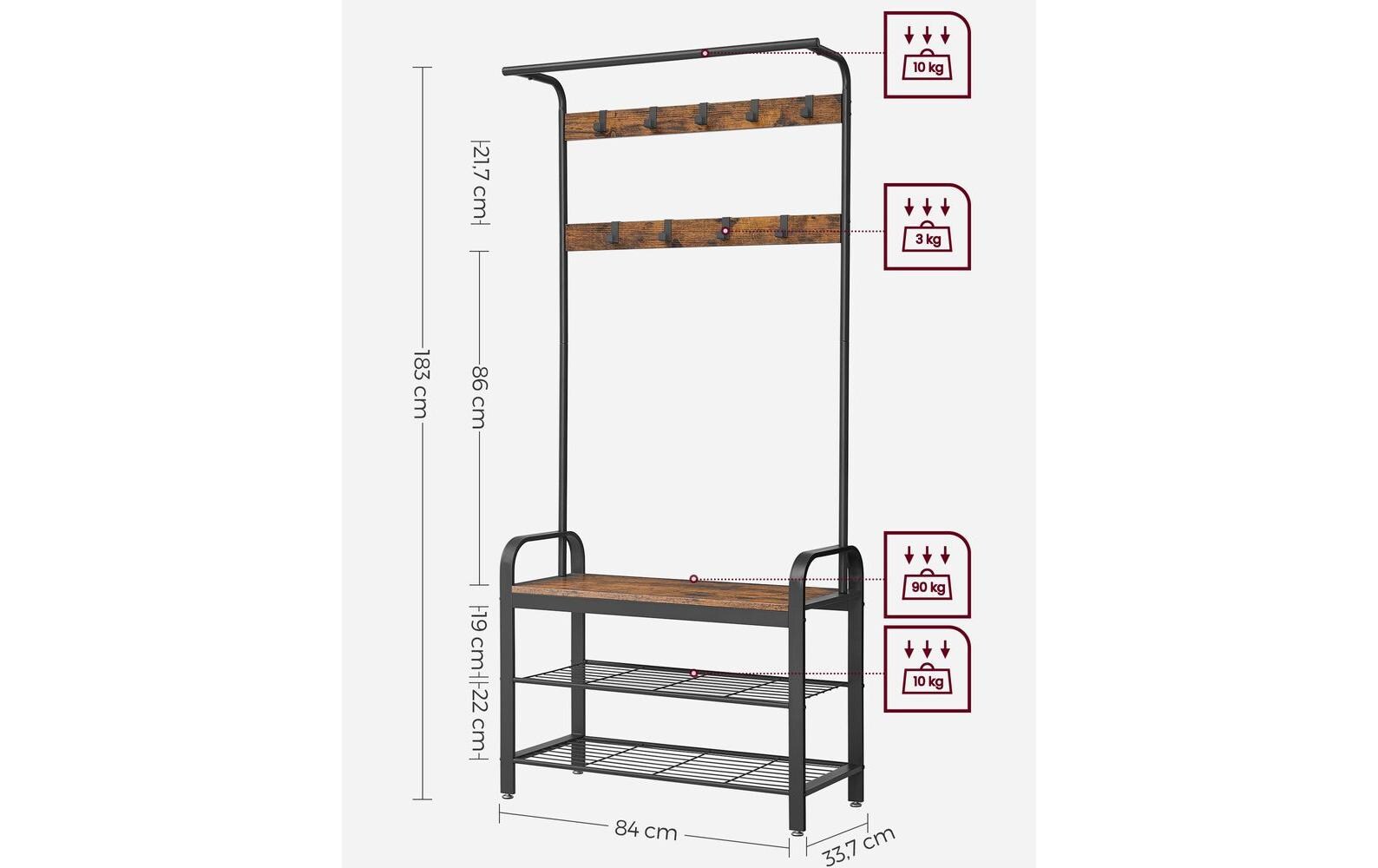 Wandgarderobe 84 cm x 183 cm, Braun/SchwarzGarderobe mit Schuhregal