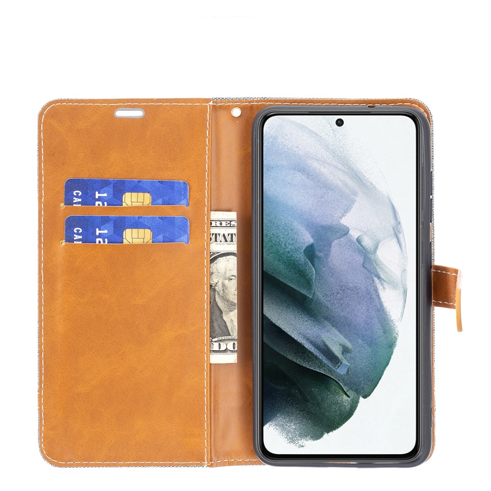 Samsung Galaxy S21 FE 5G Stoff Tasche im Jeans Look mit Kartenfach   Magnetverschluss - Grau / Braun