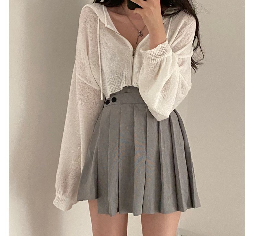 Brigitte - Effen cropped gebreide hoodie met rits