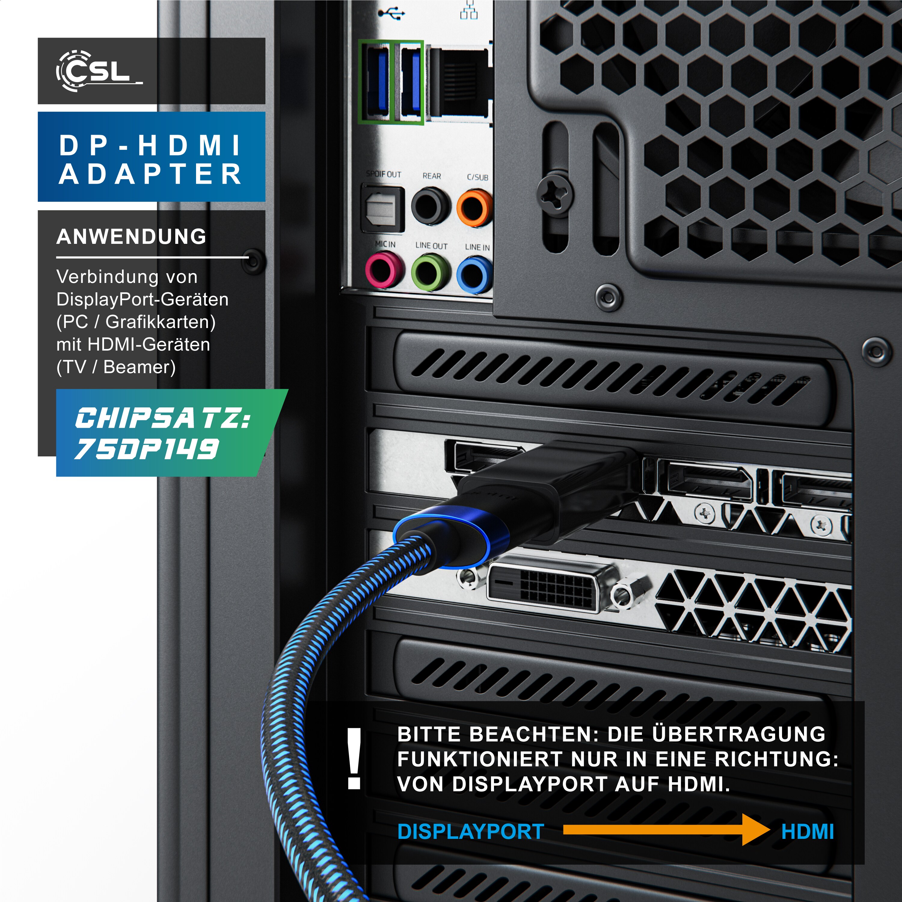 CSL - DisplayPort auf HDMI Adapter - DP 1.2 4K Ultra HD 4K x 2K bei 30Hz - Full HD 1080p - 32 Bit True Color - 3D - HDCP - ideal für PC und MAC