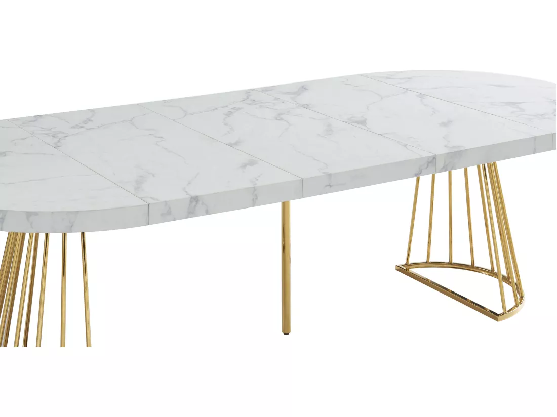 Table à manger extensible 2 à 12 personnes en MDF et acier - Effet marbre blanc et doré - FIRELA
