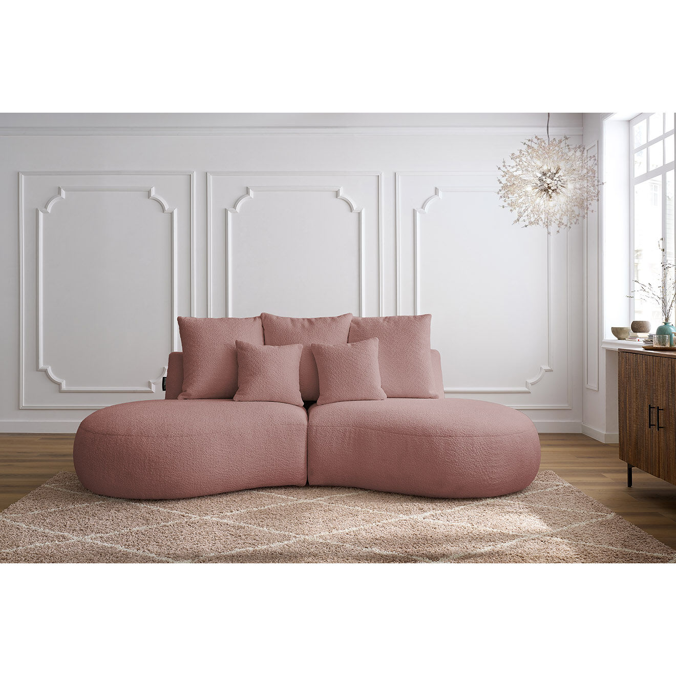 Bobochic Canapé droit fixe 3 places saint-germain tissu bouclette rose - 260x145x92 cm