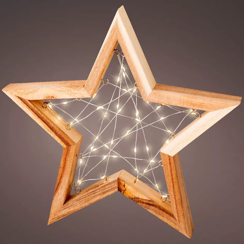Étoile lumineuse à piles 50 LED (H30 cm) Astre en bois Blanc chaud