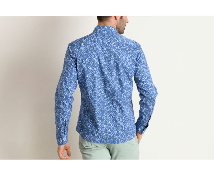 Chemise bleue imprimée fleurs blanches - Col français - MATHURIN