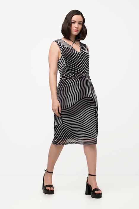 Mesh-Midikleid, grafischer Druck, V-Ausschnitt, ärmellos