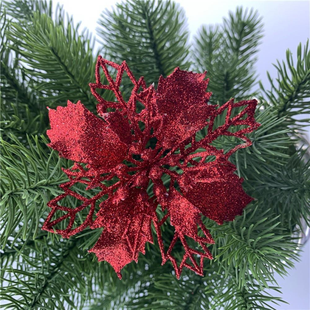 (10er Set) Christbaum Schmuck Glitzer Blumen Deko Ornamente - Rot