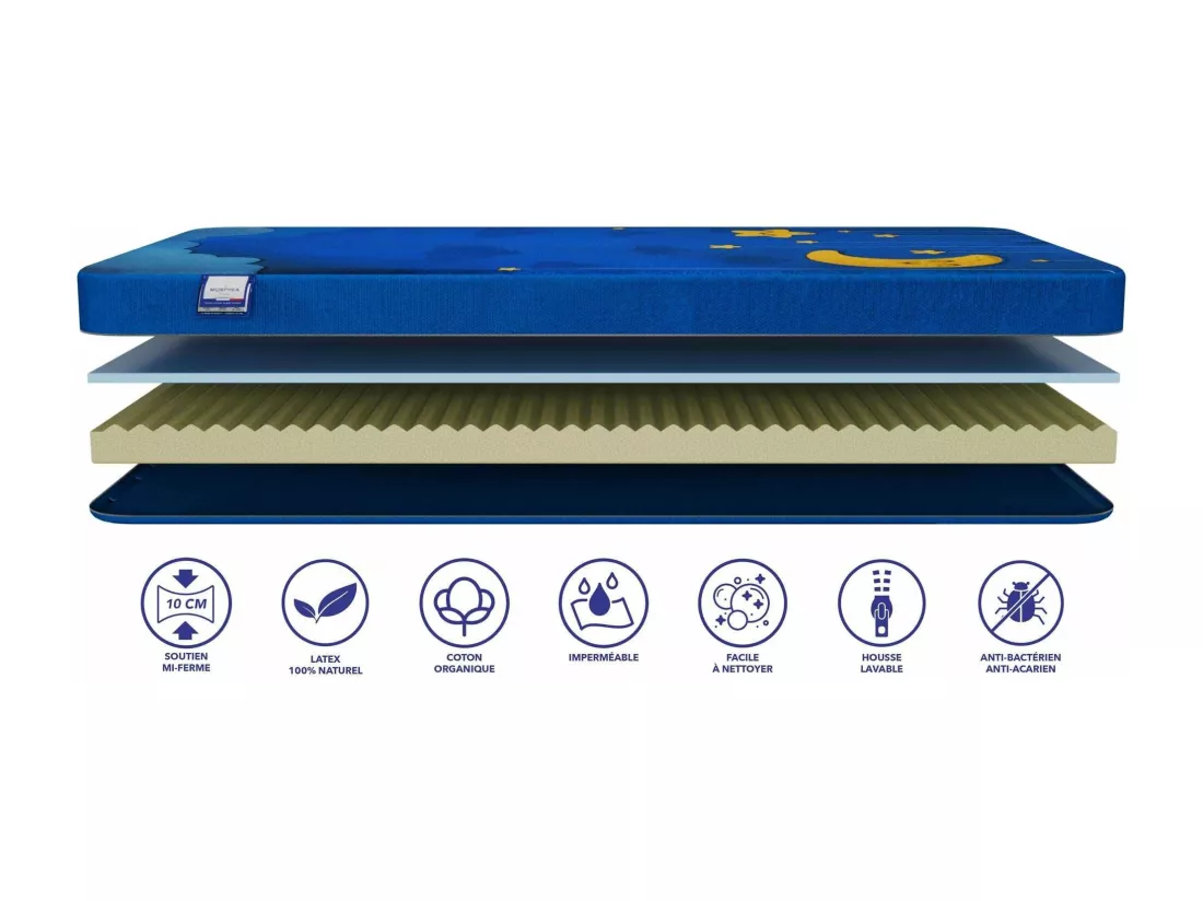 Matelas latex baby 70x140x10cm NOAH - Latex 100% Naturel - FaceA : tonique / FaceB : équlibré - Morphea