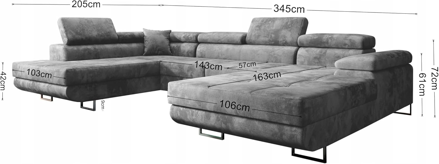 Graphit Ecksofa Varberg Velours in U-Form 345 x 72 x 205 cm mit Schlaffunktion und Bettzeugbehälter - Schlafsofa mit Bettkasten - Eckcouch mit Stauraum - Stoff: Monolith 97
