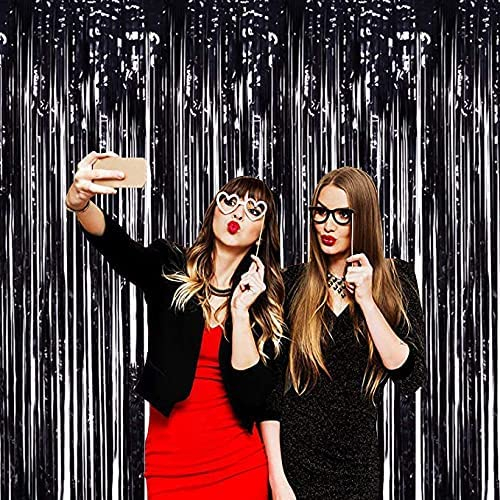 (245x90cm) Party Deko Lametta Vorhang Glänzender Fransen Vorhang Foto Hintergrund - Schwarz
