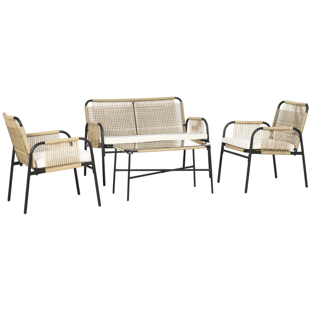 Outsunny 4-delige polyrotan tuinmeubelset, zitgroep met 1 tweezitsbank, 2 fauteuils, 1 salontafel met glazen tafelblad, 110L x 65B x 74H cm, PE rotan, polyester, geel
