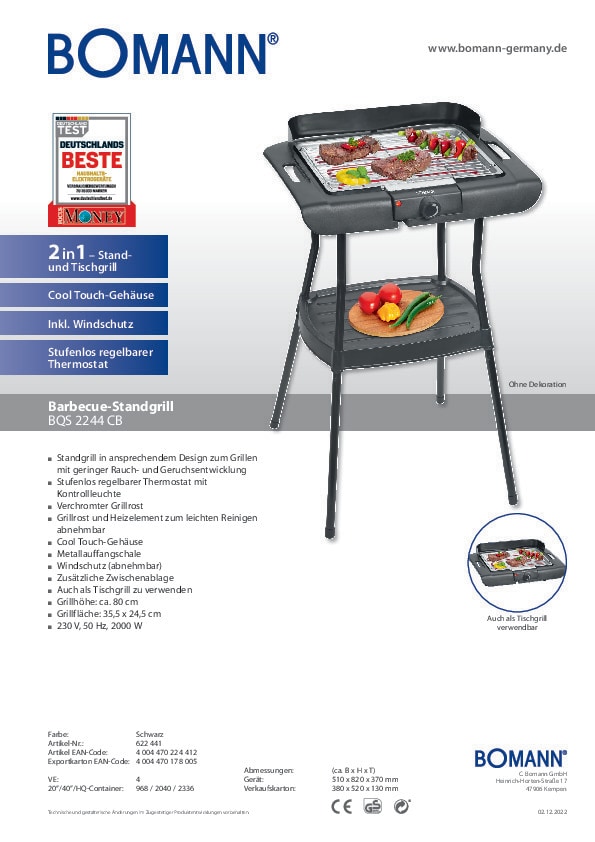 Standgrill 2000 Watt ca. 35 x 24 cm Bomann BQS 2244