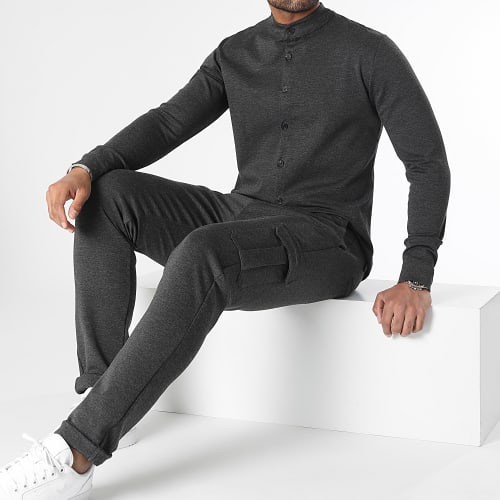 Ensemble Chemise Manches Longues Col Mao Et Pantalon Cargo 1070521 Gris Anthracite Chiné