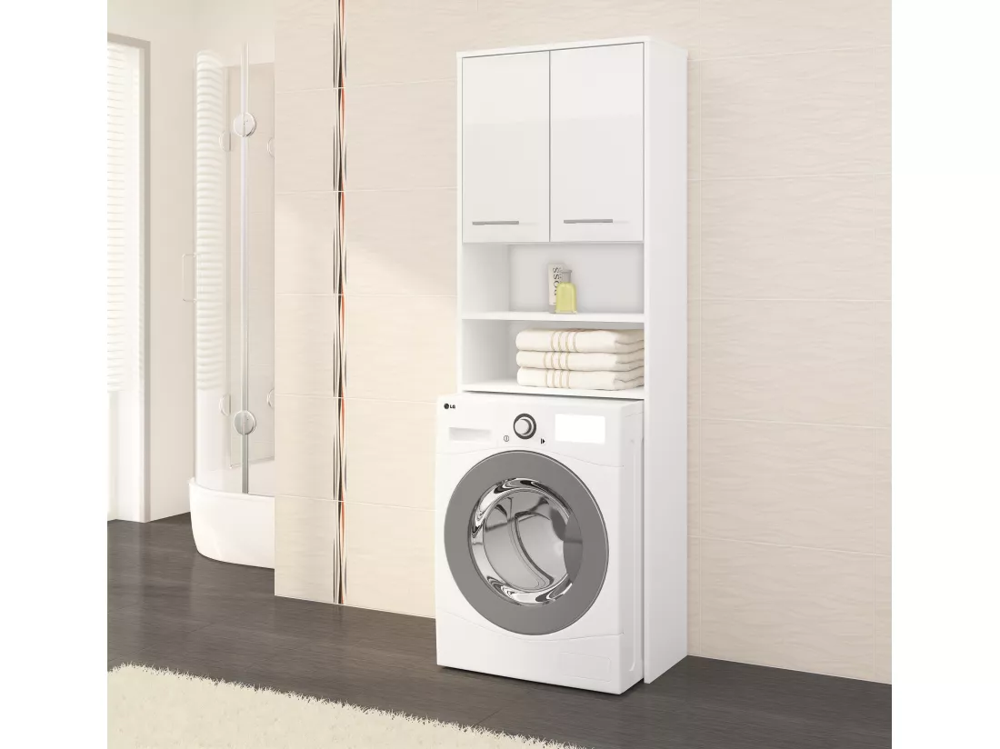 meuble machine a laver 2 portes façade blanc brillant 4 étagères 64x30x180 cm