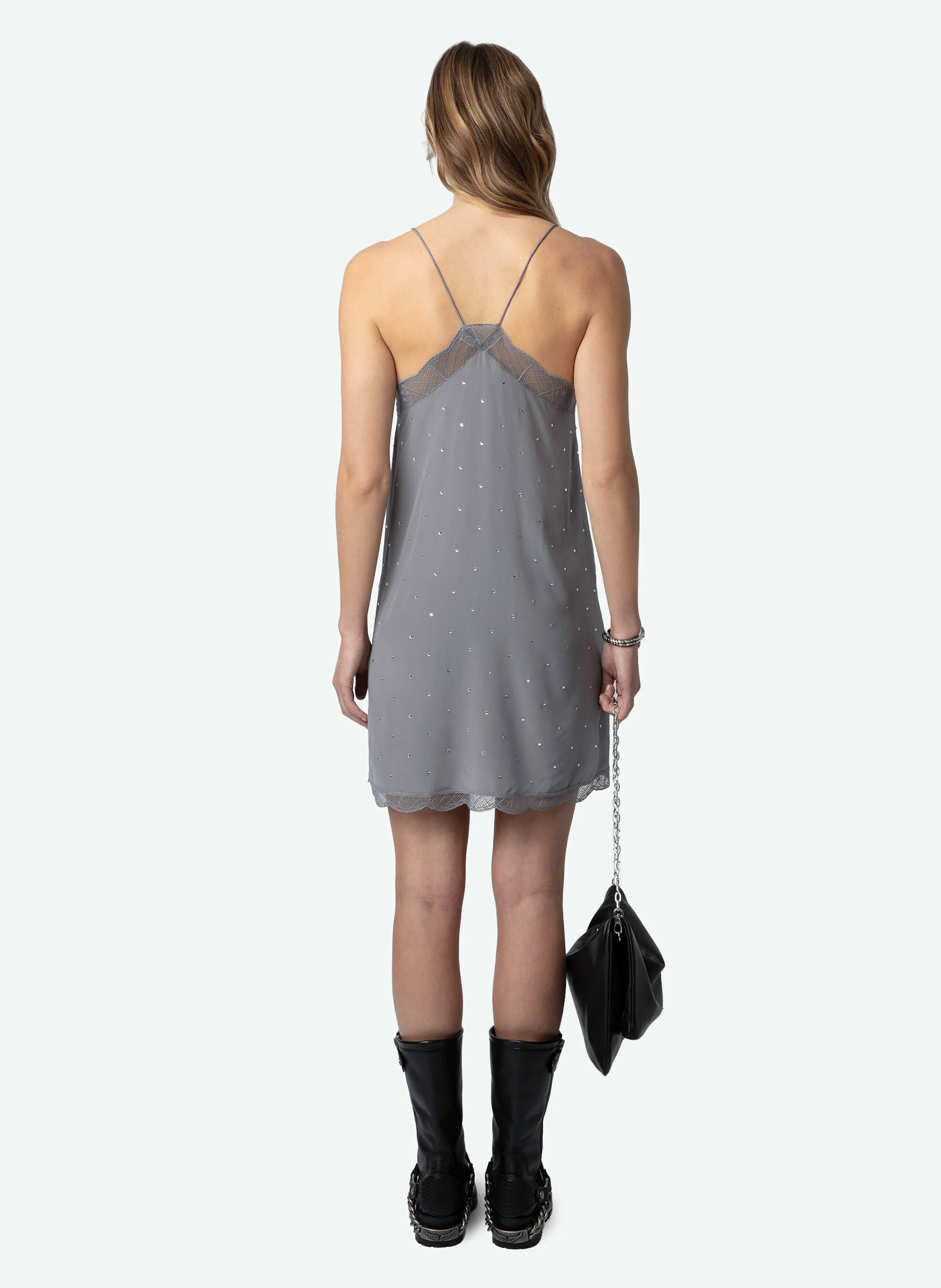 RISTYZ - Robe courte caraco à strass en soie| Gris
