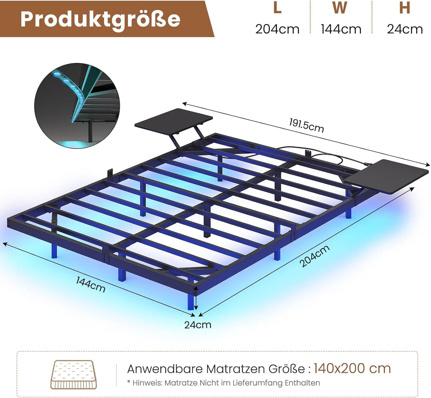 AOGLLATI Bettgestell 140x200 Bett 140x200 aus Metall mit LED Beleuchtung und Ladestation Schwebender Bettrahmen mit Aufbewahrungsregalen Metallbett mit Lattenrost Doppelbett Schwarz (Ohne Matratze)