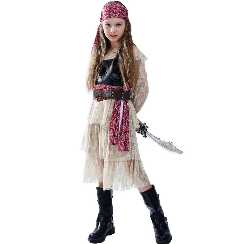 (120-130cm) Fasnachts Kinder Kostüm Piraten Verkleidung für Motto Partys / Halloween inkl. Kopftuch   Gürtel - Beige / Schwarz