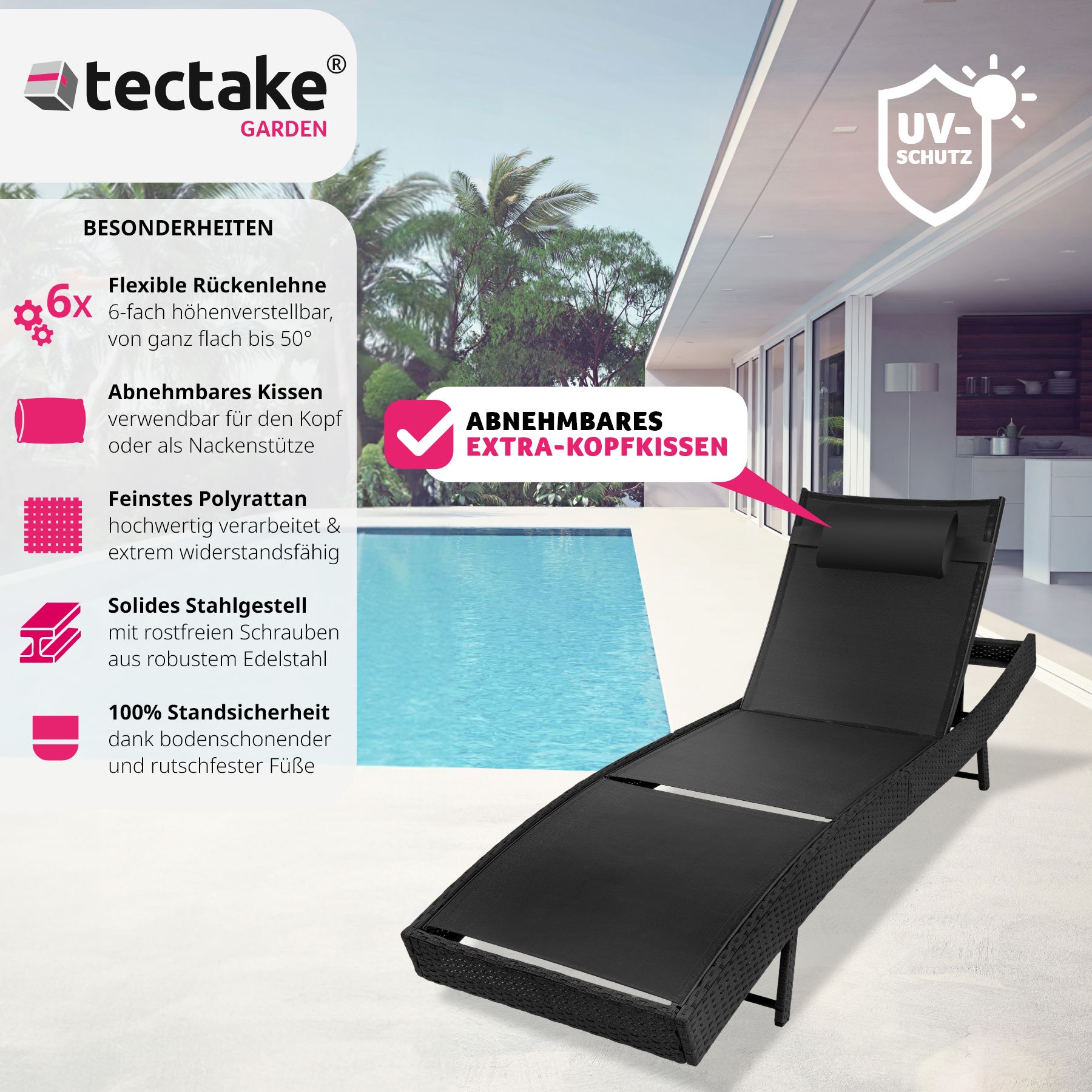 tectake® Rattan Sonnenliege, widerstandsfähig und UV-beständig, 6-fach verstellbare Rückenlehne, 69 x 211 x 41 - 94 cm