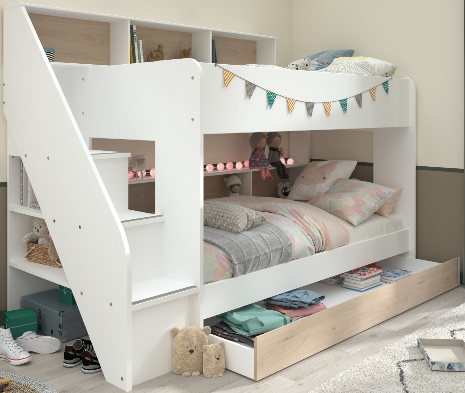 Etagenbett BIBOP 1 - weiß - Jackson Eiche - mit Schubkasten - 90x200 cm