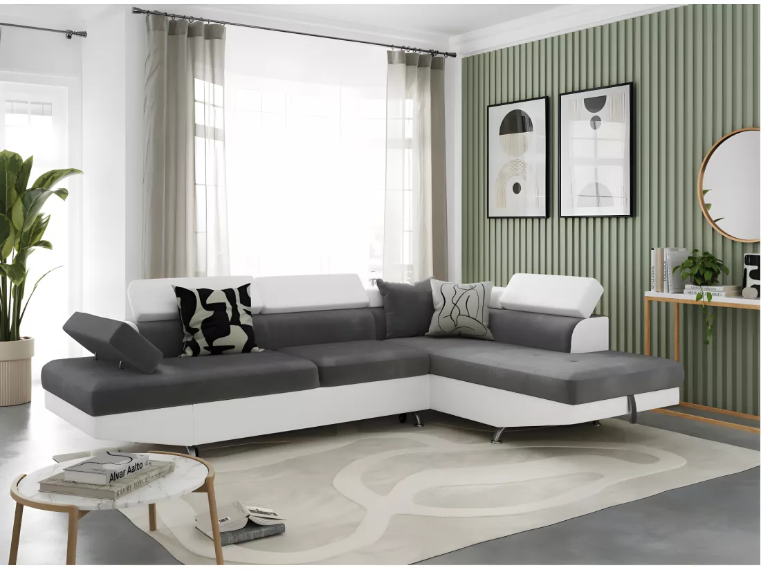 Canapé d'angle droit 5 places Rio Convertible avec coffre en microfibre et simili - Blanc/Gris - L271 x P192 x H70cm - Loungitude
