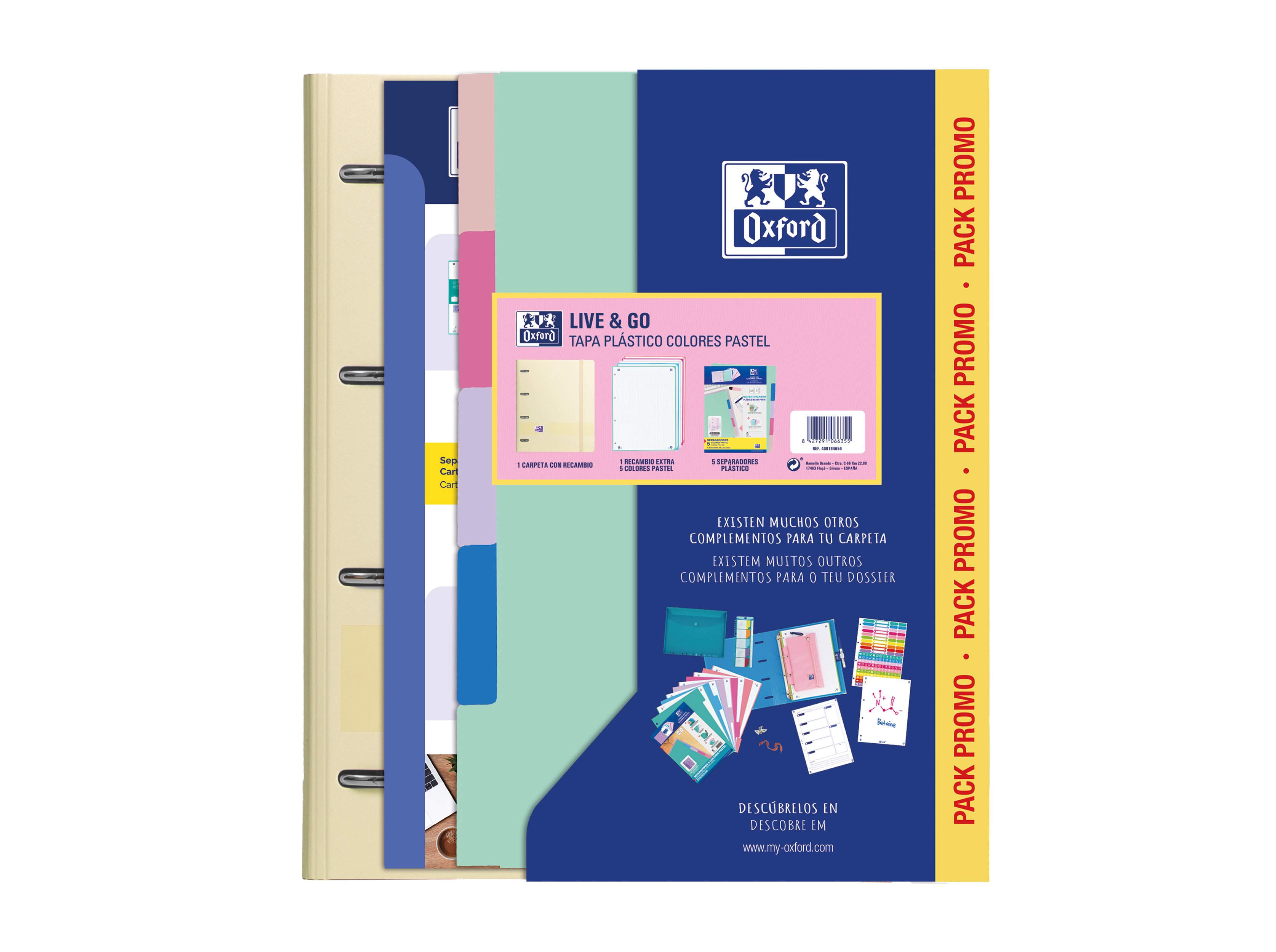 PACK DOSSIER A4 LIVE&GO OXFORD 2 RECARGAS E 5 SEPARADORES CORES PASTEL
