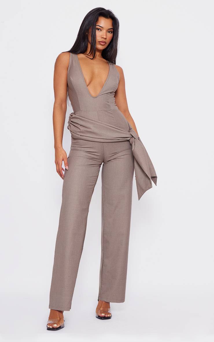 Taupe Combinaison-pantalon Ceinturée Cache-cœur Plongeant Tissée Ajustée
