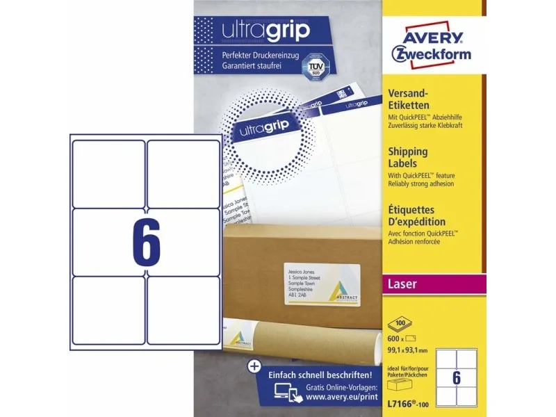 Shippingetiket Avery Zweckform QuickPEEL™ 99,1x93,1 mm hvid - (100 ark x 6 stk.)