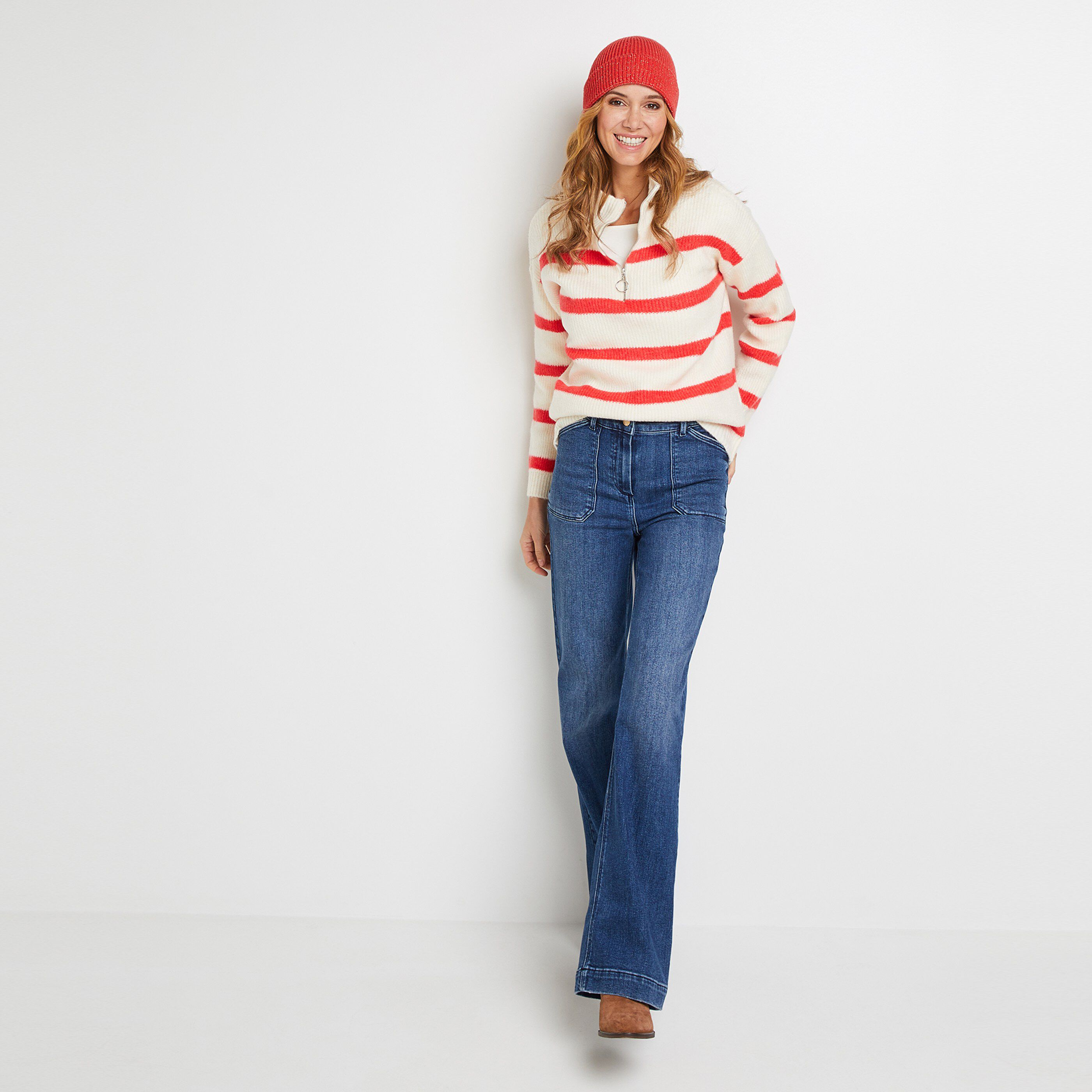 Pull rayé col camionneur femme - BLANC