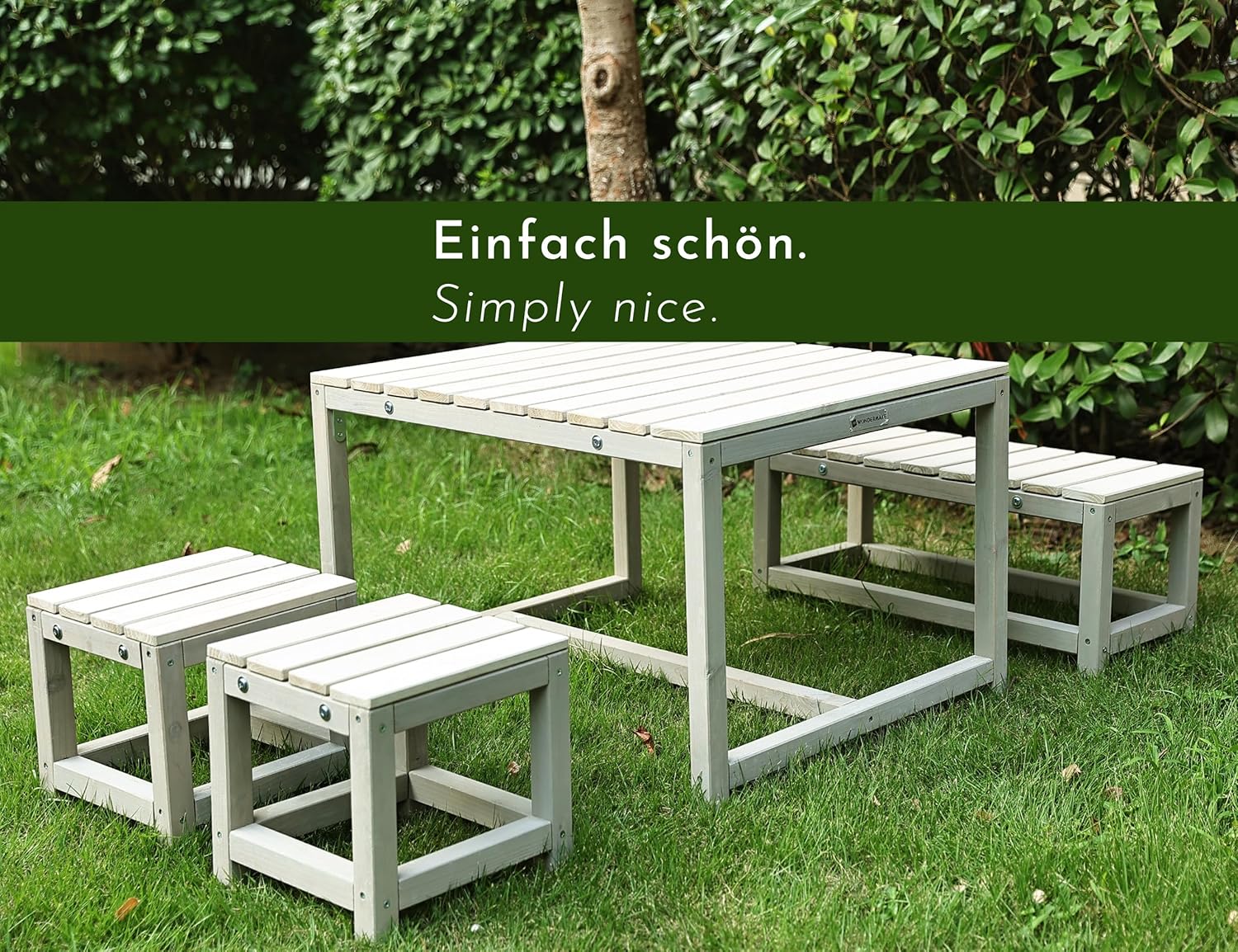 Design Kindersitzgruppe Outdoor Garten Holz mit Abdeckung, Kinder-Sitzgarnitur Indoor Picknick-Gruppe ab 3 Jahre, beige grau