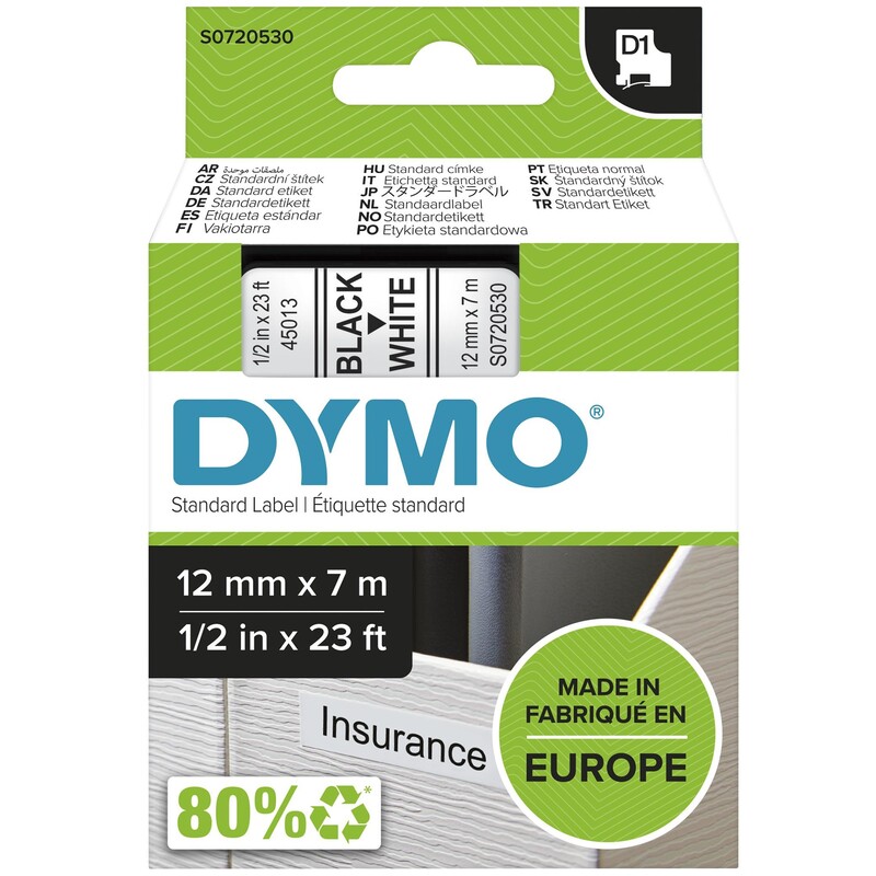 Dymo Schriftbandkassetten D1, 12 mm, schwarz auf weiss