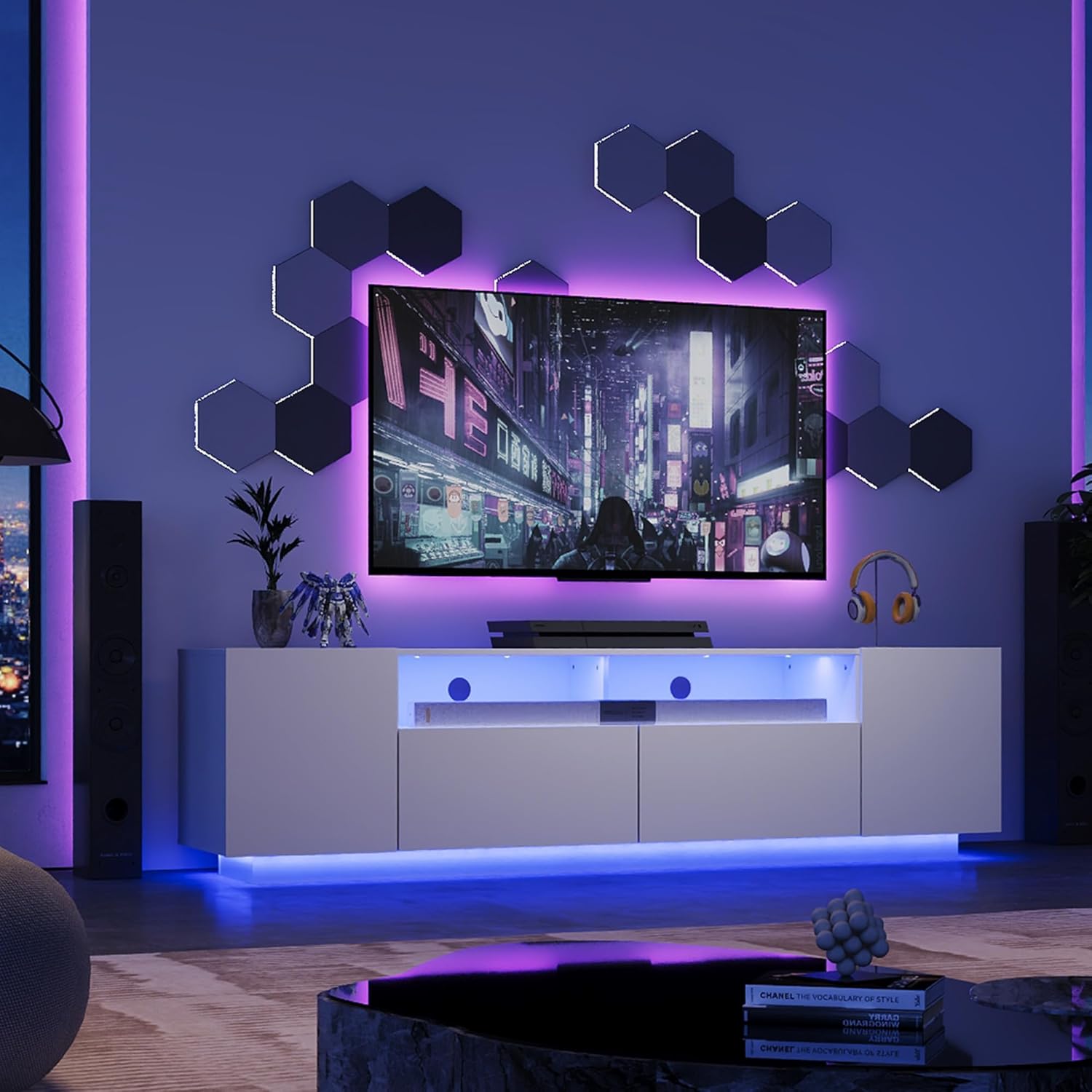 WLIVE TV-Schrank LED für Fernseher bis zu 75 Zoll, TV Lowboard mit Großem Stauraum, Fernsehtisch mit RGB LED-Beleuchtung, TV Board für Wohnzimmer Schlafzimmer, Weiß